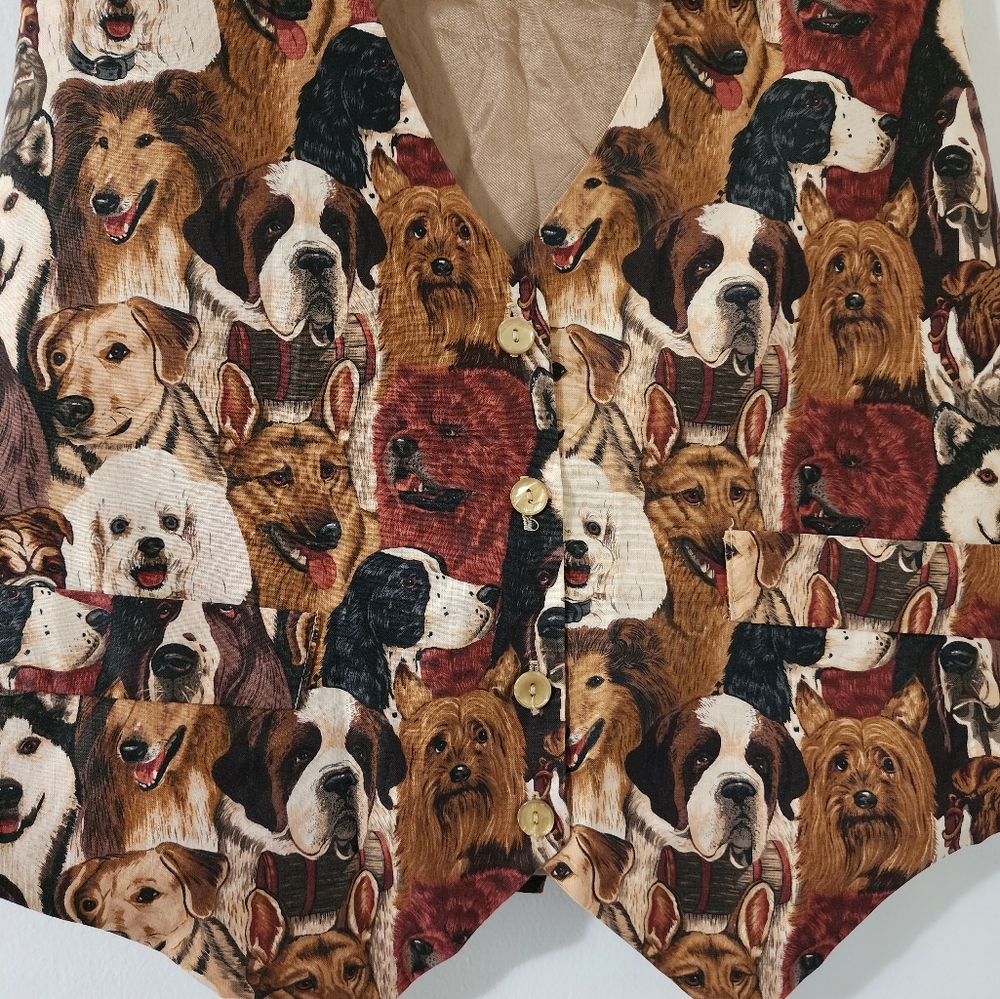 Vintage 1990s Saddle River Dog Print Tie Back Novelty Vest Button Front M - Picture 2 of 4